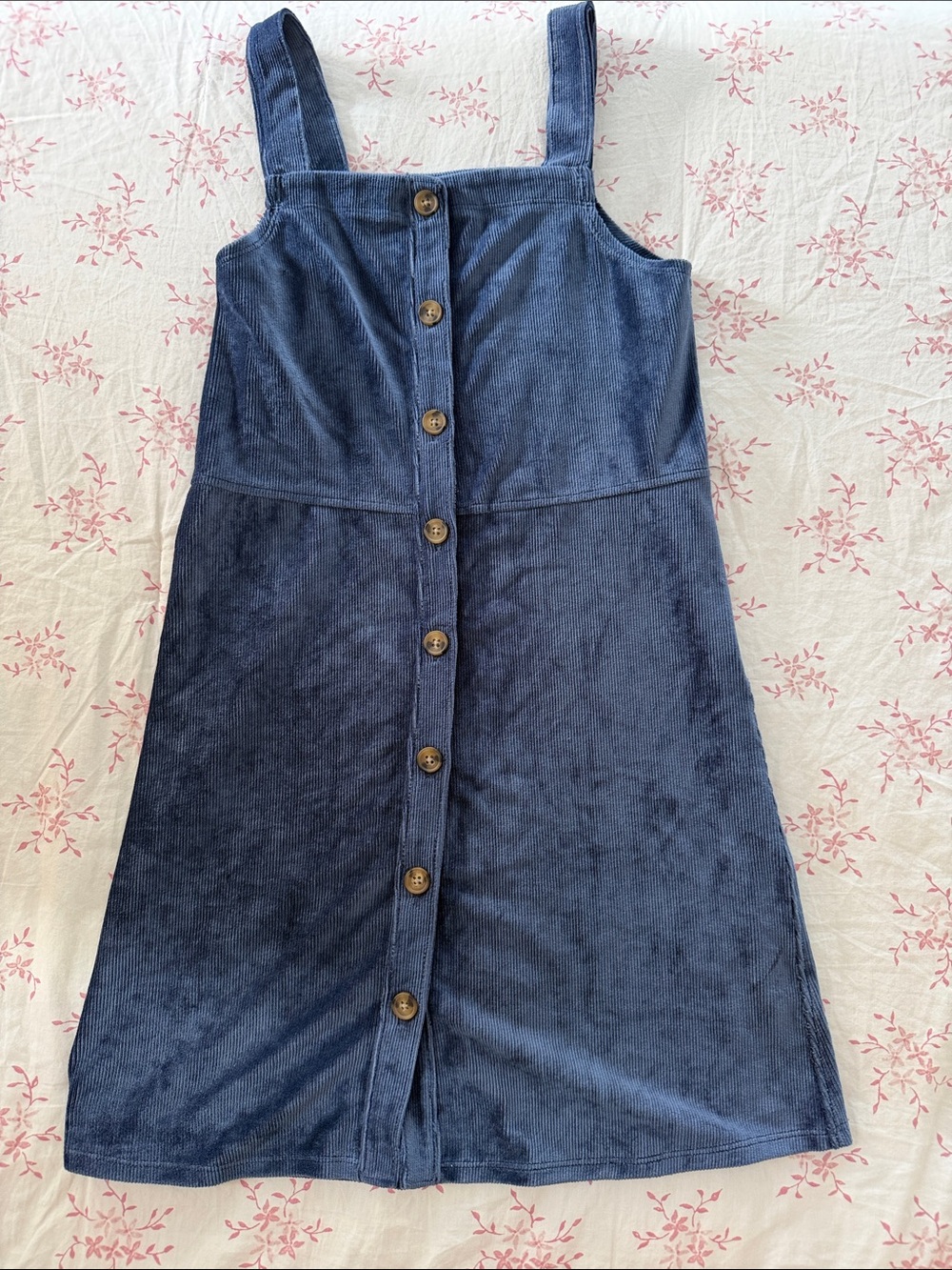 Navy Blue Button-Front Corduroy Pinafore Dress